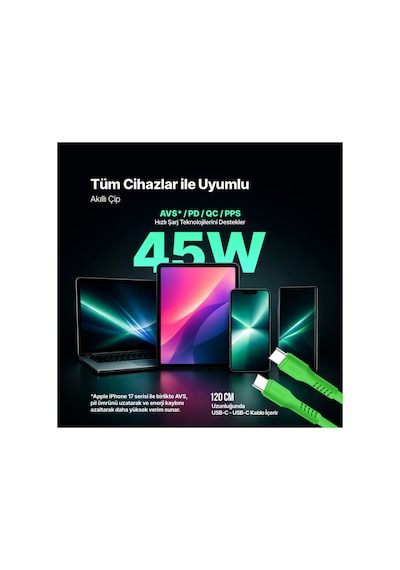 Ttec Smartcharger Gan 45w Avs Pd Seyahat Hızlı Şarj Aleti + Usb-c - Usb-c 3a 120 Cm Kablo Neon 55766917