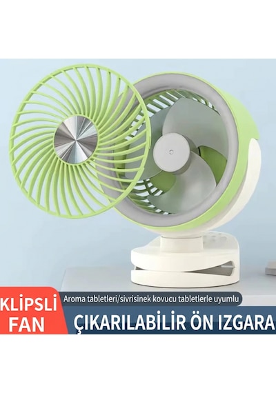 Tgx-3504 2'si 1 Arada Masaüstü Ve Klipsli Şarjlı Vantilatör - Gece Lambalı, 4 Kademeli Sessiz Fan Yeşil