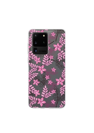 Samsung Galaxy Uyumlu S20 Ultra Kapak Floral Pembe Tasarımlı Şeffaf Silikon Kılıf