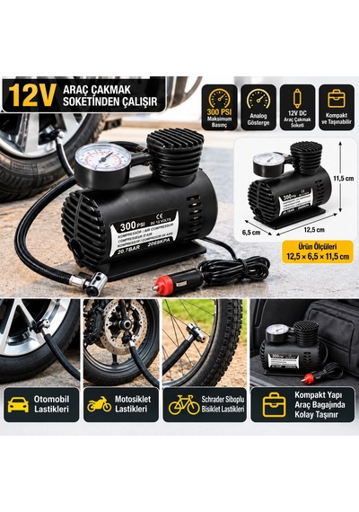 Cazibiz 12v Oto Çakmak Girişli 300 Psı Taşınabilir Hava Kompresörü-421402