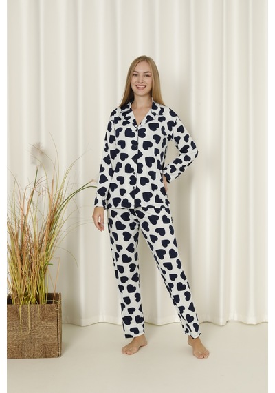Wordex Mirano 9508 Kalpli Milan Yumuşak Kumaş Boydan Düğmeli Kadın Pijama Takımı Beyaz-lacivert Wordex Mirano 9508 Kalpli Milan Yumuşak Kumaş Boydan Düğmeli Kadın Pijama Takımı Beyaz-lacivert