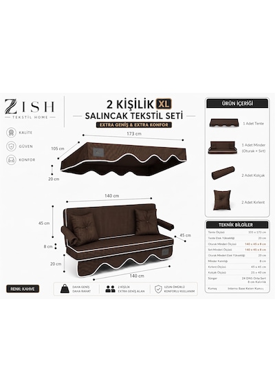 Altaleno 2 Kişilik 140 45 Cm Süngerli Bahçe Balkon Salıncak Minderi Yıkanabilir Kılıflı, Tenteli Keten Kumaş Tekstil Seti 24 Dns 8 Cm Orta Sert Sünger Kahverengi