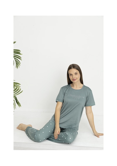 Estiva Kadın Kalp Alt Desenli Kısa Kollu Soft Pijama Takımı Yeşil
