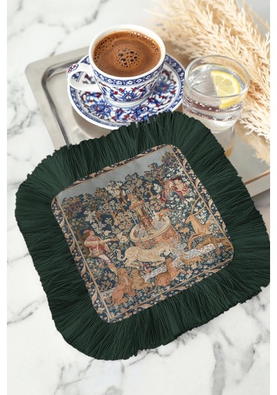Ortaçağ Saray Bahçesi Saçaklı Sunum Peçetesi - Efsanevi Vintage Rustik Yeşil Bardak Altlığı Mendil Çok Renkli