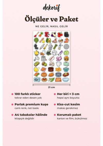 Renkli Mutfak Sticker Seti 100 Adet - Gereçleri Tarif Malzemeleri Ajanda Journal Defter Çıkartma Çok Renkli