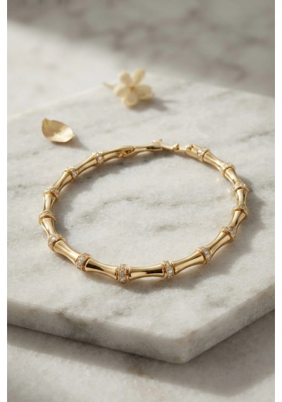 Gold Renk Bambu Model Zirkon Taşlı Kadın Bileklik 000 Açık Krem