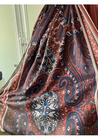 Modakaşmir Aminenesil Etnik Desen Soft Pamuk Şal Lacivert Kırmızı Renk K.lacivert