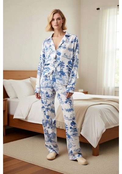 Benerly Kadın Gömlek Yaka Tek Kol Uzun Kollu Regular Kalıp Dokuma Pijama mavi