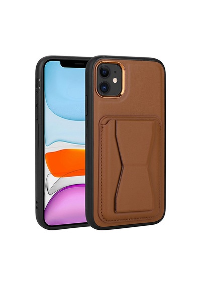 Zore Apple iPhone 12 Uyumlu Kartlıklı Standlı Pu Deri Omsy Memo Kılıf-kahverengi