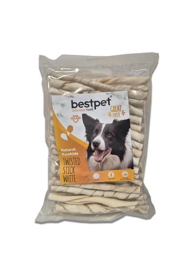 Twisted Stick White,%100 Doğal Deri Beyaz Burgu Köpek Ödül Çubuğu 350 Gr