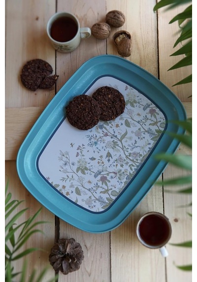-ee171-9f Botanica Blue Desenli Oval Tepsi 24x31 Cm Botanica Blue