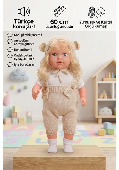 Konuşan Bebeğim 60 Cm Türkçe Konuşan Örgü Tulum Ve Şapkalı Kafası Bacakları Kolları Et Oyuncak Bebek 02082037