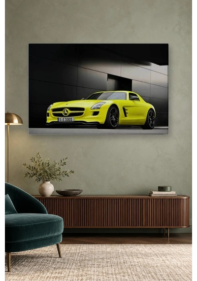 Fida Siyah Duvar Önünde Neon Sarı Mercedes Sls Canvas Tablo