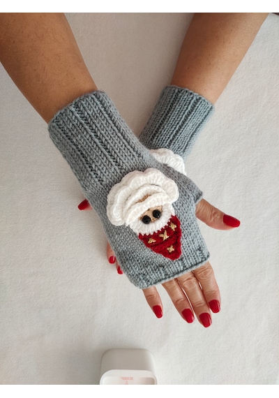 Newdaycraft El Örgüsü Motifli Parmaksız Eldiven / Bileklik - Gri Noel