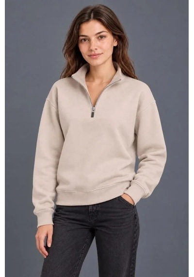 DefyModa Üç İplik İçi Şardonlu Dik Yaka Yarım Fermuarlı Kışlık Sweatshirt - Bej