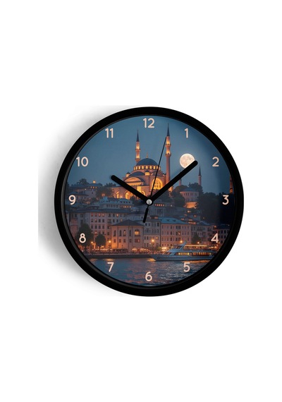 İstanbul Boğazı Ve Cami Manzaralı Modern Duvar Saati - 25cm - Önü Camlı Siyah Kasa-jh0529 Siyah
