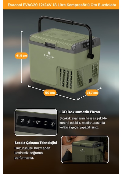 Evacool Evag20 12/24v 18 Litre Kompresörlü Oto Buzdolabı Yeşil