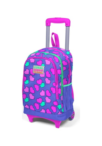 Coral High Kids Lavanta Pembe Kalp Desenli Işıklı Tekerlekli Üç Bölmeli Çekçekli Sırt Çantası 23359