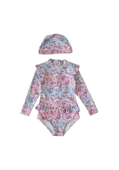 Petityu Upf50+ Güneş Korumalı Unicorn Mavi Pembe Boneli Yeni Mayo Ve Bone Set Mavi Desenli