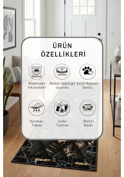 Elit Salon Mutfak Yatak Odası Yıkanabilir Yolluk Siyah