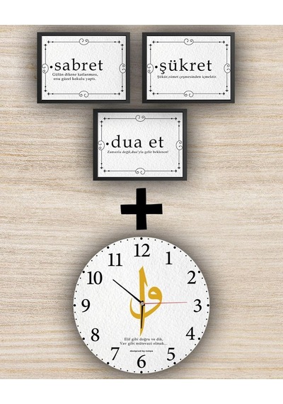 Aksesuar Elif Vav Set Dekoratif Ahşap Duvar Saati 33x33 + 3 Parça Masa 13x17