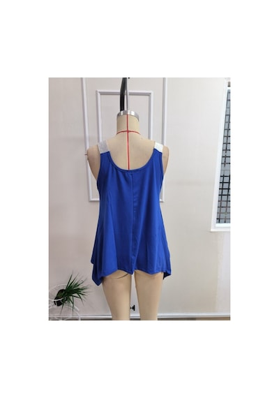 Butik İstanbul Kadın Askılı Yuvarlak Yaka Asimetrik Kesım Detaylı Viskon Bluz Saks Mavi