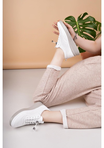 Nesilshoes Modessa 121 Beyaz Bağcıklı Hakiki Soft Deri Kadın Ayakkabı
