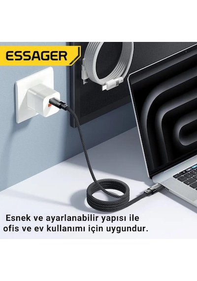Essager 1 Metre Pd 100w Manyetik Süper Hızlı Type C To Type C Şarj Data Kablosu, Akım, Isı Korumalı