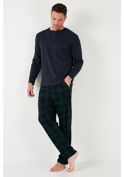 Buratti Ekoseli Pamuklu Beli Lastikli Regular Fit Uzun Kollu Erkek Pijama Takımı 6572003 Lacivert