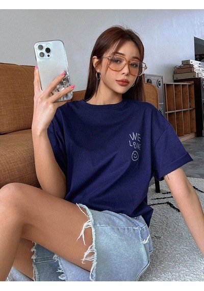 Flood Of Style Kadın Lacivert Love Love Love Baskılı Oversize T-shirt