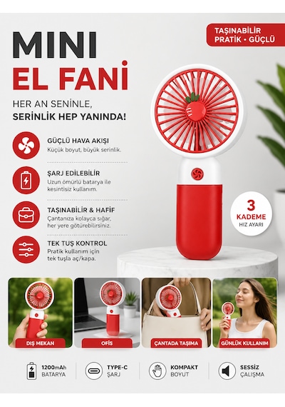 Mini El Fanı Şarjlı Taşınabilir Vantilatör