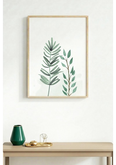 Doğal Ahşap Çerçeveli Minimal Yaprak Desenli Tablo - Pastel Tonlar Huhu1636