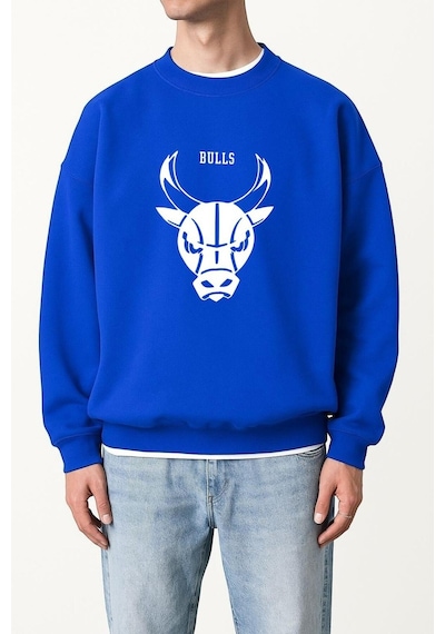 Benroma 3 İplik Penye Chıcago Bulls Baskılı Unisex Sweatshırt Saks Mavisi