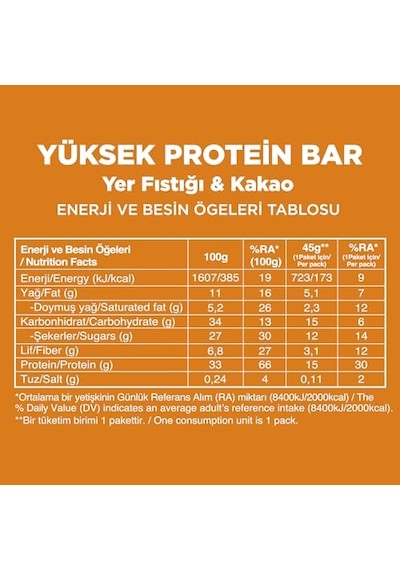 Yüksek Protein Bar, Yer Fıstıklı Ve Kakaolu, 45gr X 12 Adet