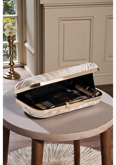 Zeyymoda Bej Pilse Desenli Abiye Çanta Pile Desen Abiye Çanta Ve Clutch Portföy El Gece Düğün Nişan Abiye Çantası