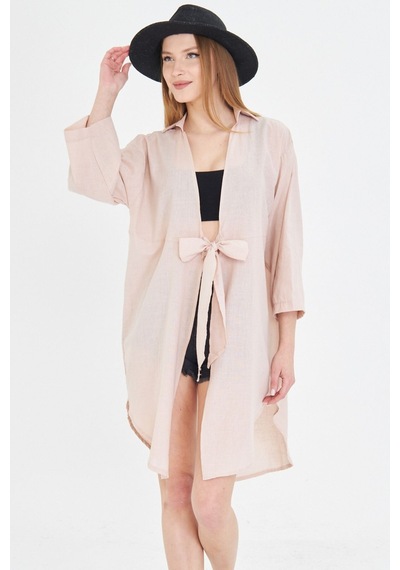Armonika Kadın Bej Önden Bağlamalı İnce Keten Kumaş Midi Boy Kimono Gömlek Arm-24y001081