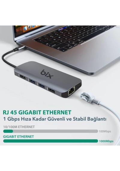 Bx10hb Pro 8in1 Usb C Hub 4k 60hz Hdcp Hdmı, 1gbps Rj45, 3x Usb 3.2, 100w Pd Port Macbook Uyumlu Dönüştürücü