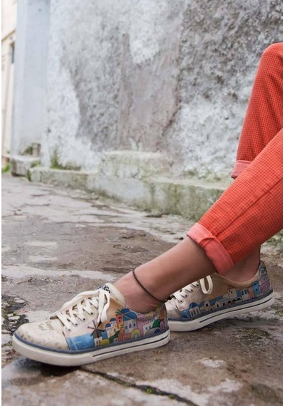 Kadın Vegan Deri Bej Sneakers - Stunning Sunset Tasarım Çok Renkli