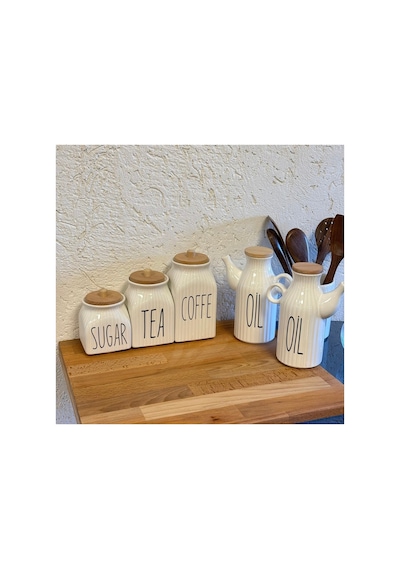 5 Parça Takım 2 Li Porselen 1000ml Oil Yağdanlık 3 Lü Kavanoz Tea Sugar Coffe Set Beyaz Beyaz