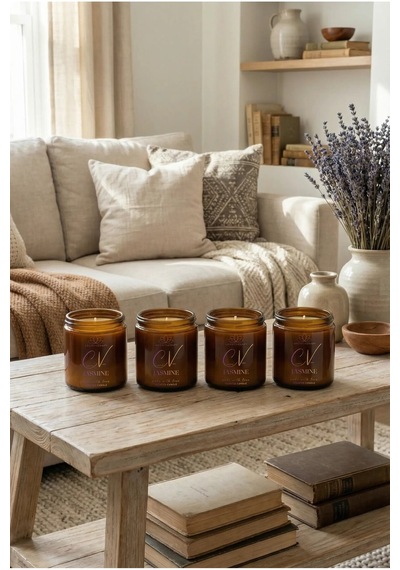 4 Lü Amber Cam Kavanoz Aromaterapi Mum Seti Yasemin Kokulu %100 Doğal Soya Wax Kapaklı 100 Cc Amber