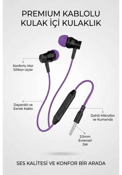 3.5 Mm Jack Girişli Stereo Kulak İçi Silikonlu Kablolu Kulaklık Güçlü Ses, Maksimum Konfor Diğer