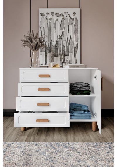 Flora Bohem Serisi 4 Çekmeceli 1 Kapaklı Şifonyer Modern Tasarım Mdf Mebran Kapak Beyaz 95x90 Beyaz - Altın Flora Bohem Serisi 4 Çekmeceli 1 Kapaklı Şifonyer Modern Tasarım Mdf Mebran Kapak Beyaz 95x90 Beyaz - Altın