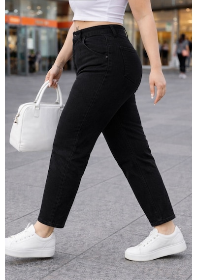 Cedy Denim Mom Fit Jean Büyük Beden Yüksek Bel Carrot Kesim Dar Paça Pileli Esnek Kot Pantolon C600 Siyah