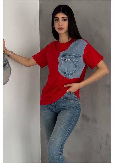 Femelle Kadın Kırmızı Denim Kot Detaylı Cepli Tasarım Pamuklu Tişört