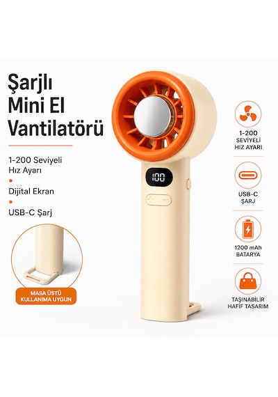 Şarjlı Mini El Vantilatörü Dijital Ekranlı 1-200 Seviyeli Hız Ayarlı Usb-c Şarjlı Taşınabilir Masaüstü Ve El Tipi Fan 1200 Mah Bataryalı