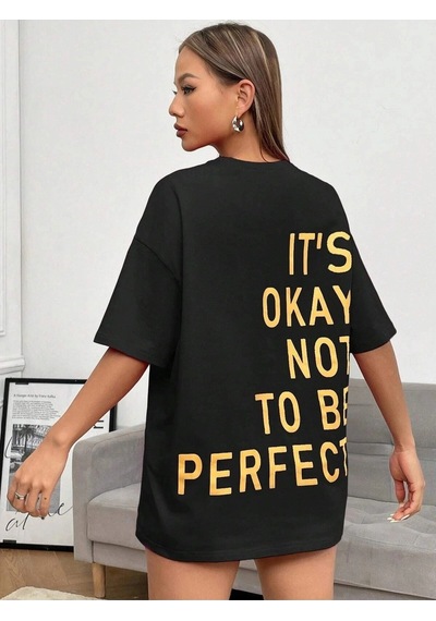Startmore Kadın Siyah Its Okay Baskılı Oversize T-shirt Siyah