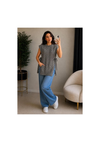Hira Life Fashion Kadın Bisiklet Yaka Yanları Açık Bağcıklı Oversize Triko Süveter Gri Gri