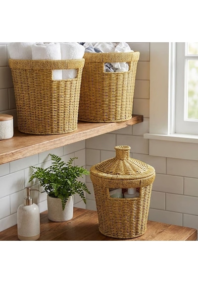 Buffer 3 Lü İç İçe Geçebilen Büyük Plastik Rattan Hasır Sepet Seti-dayanıklı Çok Amaçlı Ev,banyo Ve Mutfak Düzenleyici Kahverengi