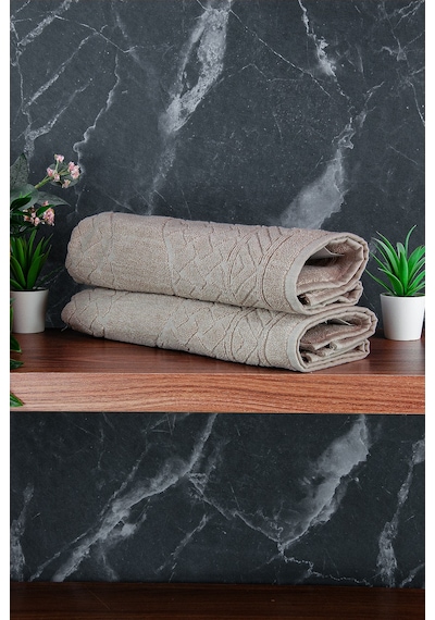 Ayak İzi Desenli 2li Ayak Havlusu - 50x70 Cm - Su Emici Banyo Paspası Seti - Krem krem