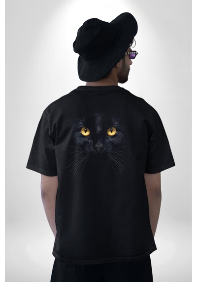 Siyah Kedi Pamuklu Unisex Oversize Sırt Dijital Baskılı Siyah T-shirt Siyah